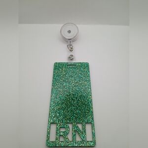 Badge Buddy RN Registered Nurse Vertical Green Glitter Occupational I.D Badge